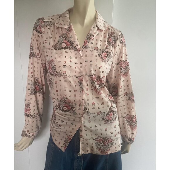 1970s Floral Blouse, Size L, Peach Polyester Shirt, Vintage Blouse - Picture 8 of 10